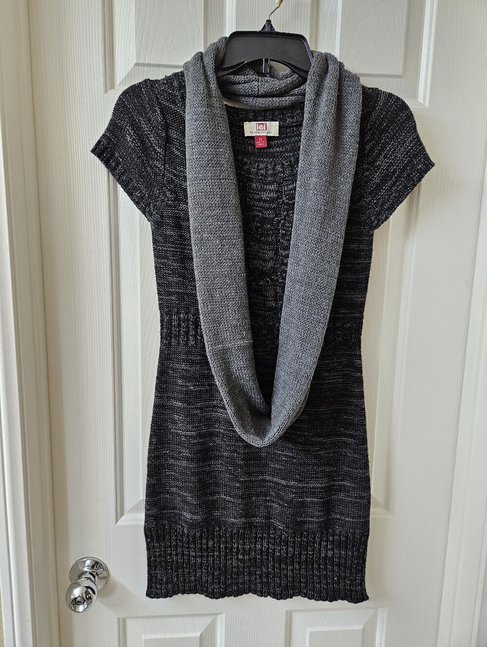 Lei Gray Short-Sleeve Cowl Neck Sweater Dress, With Scarf, Or Wear With Leggings